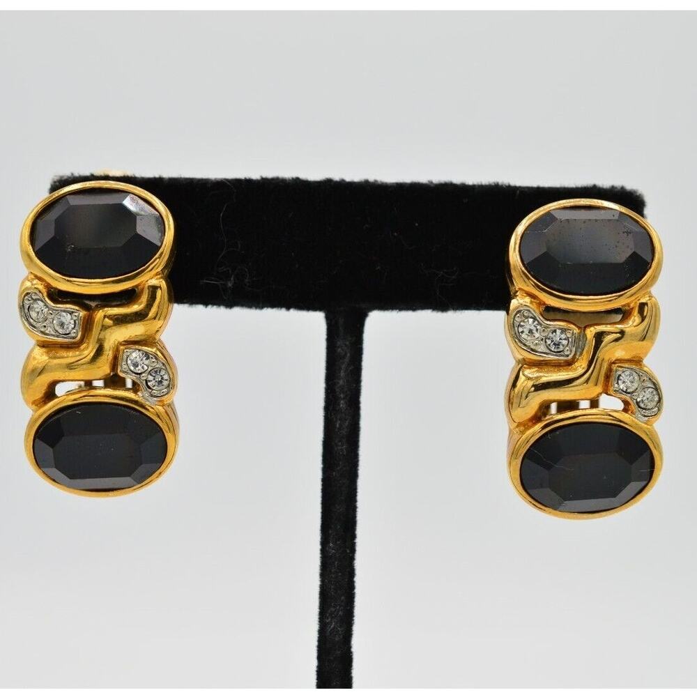 Les Bernard Vintage Clip On Earrings Black Crystal Gold Signed NOS 1980s 9L